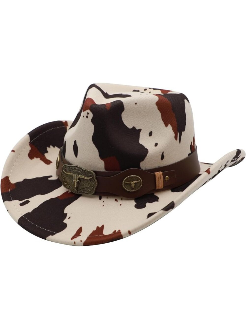 Unisex Cow Print Wide Brim Felt Buckle Fedora Country Western Cowboy Hat